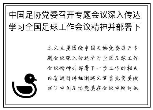 中国足协党委召开专题会议深入传达学习全国足球工作会议精神并部署下一步工作