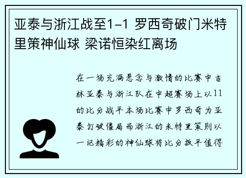亚泰与浙江战至1-1 罗西奇破门米特里策神仙球 梁诺恒染红离场